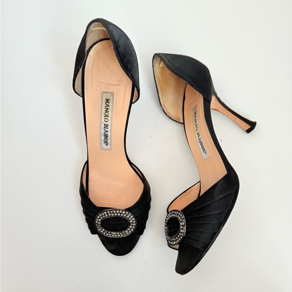 Manolo Blahnik y2k Black Satin Sedaraby Crystal D’Orsay Peep Toe Heels EU 37